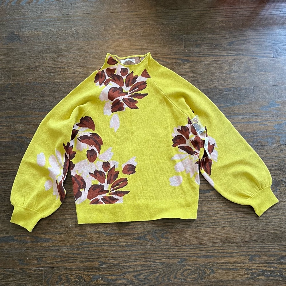 New Anthropologie Yellow Floral Pullover Sweater